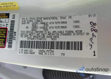 2015 Toyota Tundra 1794 5.7L V8 z USA, uszkodzony, nr VIN 5TFAW5F17FX487312